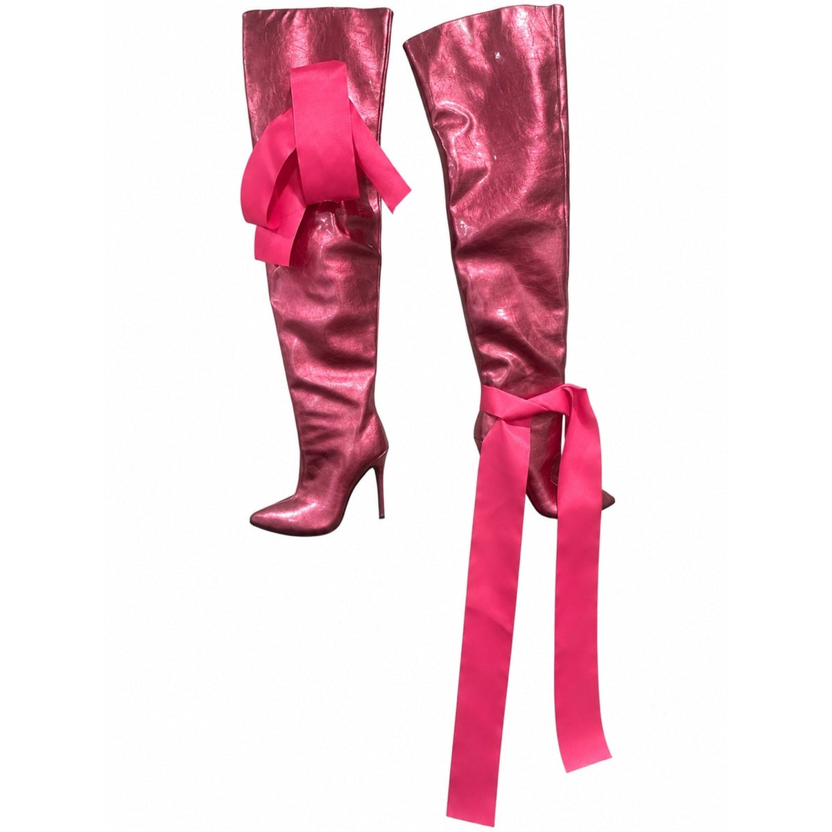 Metallic Fuchsia Over-the-Knee Stiletto Boots with Ribbon Accent