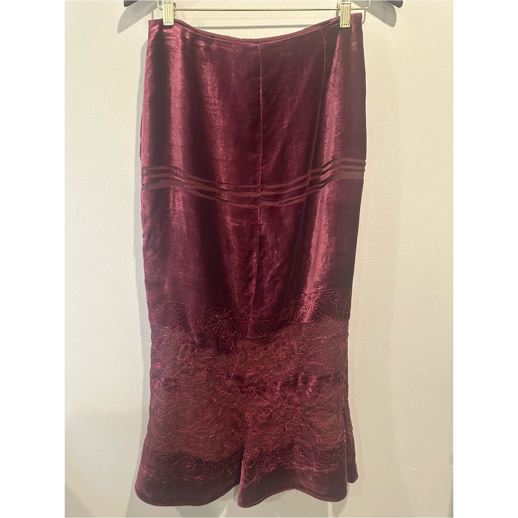 Christian Lacroix Burgundy Velvet Lace Mermaid Midi Skirt