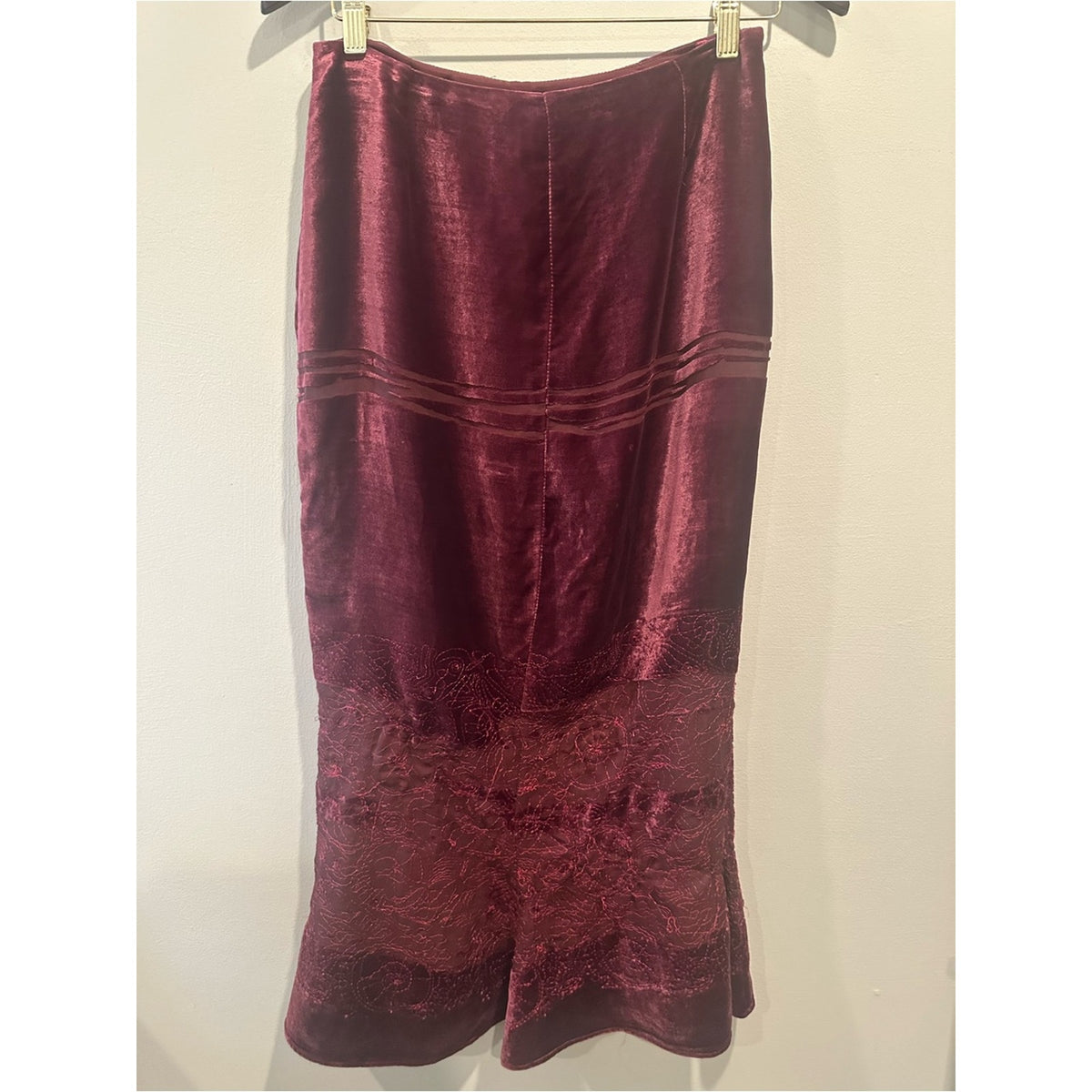 Christian Lacroix Burgundy Velvet Lace Mermaid Midi Skirt