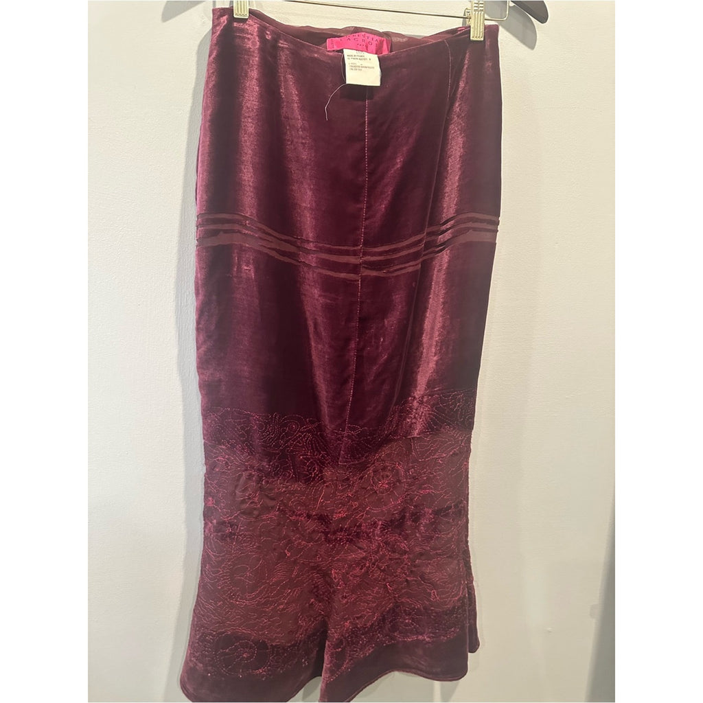 Christian Lacroix Burgundy Velvet Lace Mermaid Midi Skirt