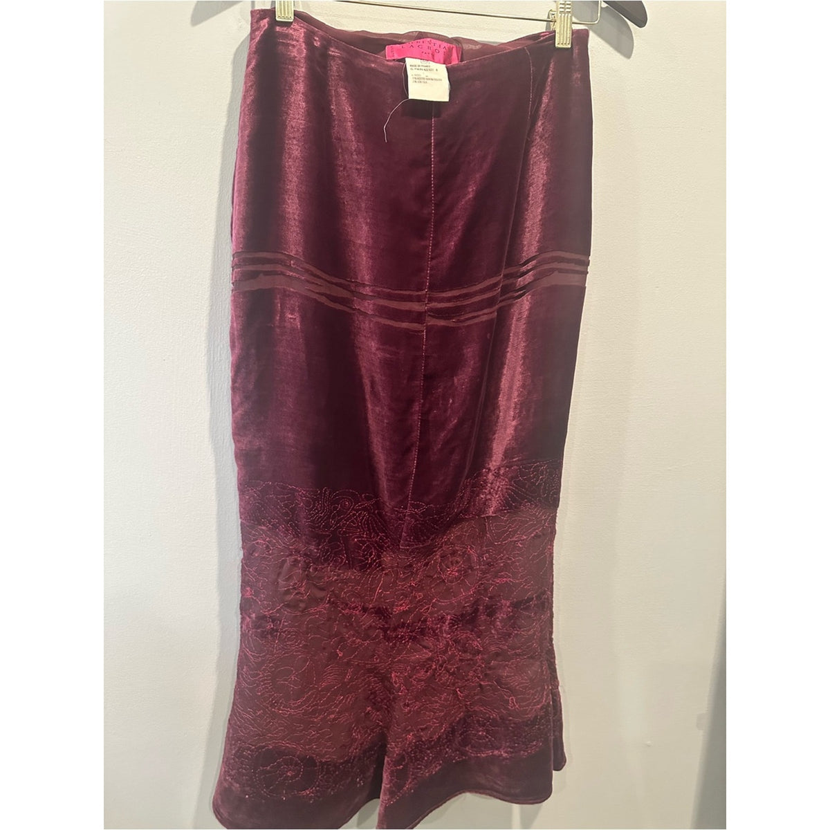 Christian Lacroix Burgundy Velvet Lace Mermaid Midi Skirt