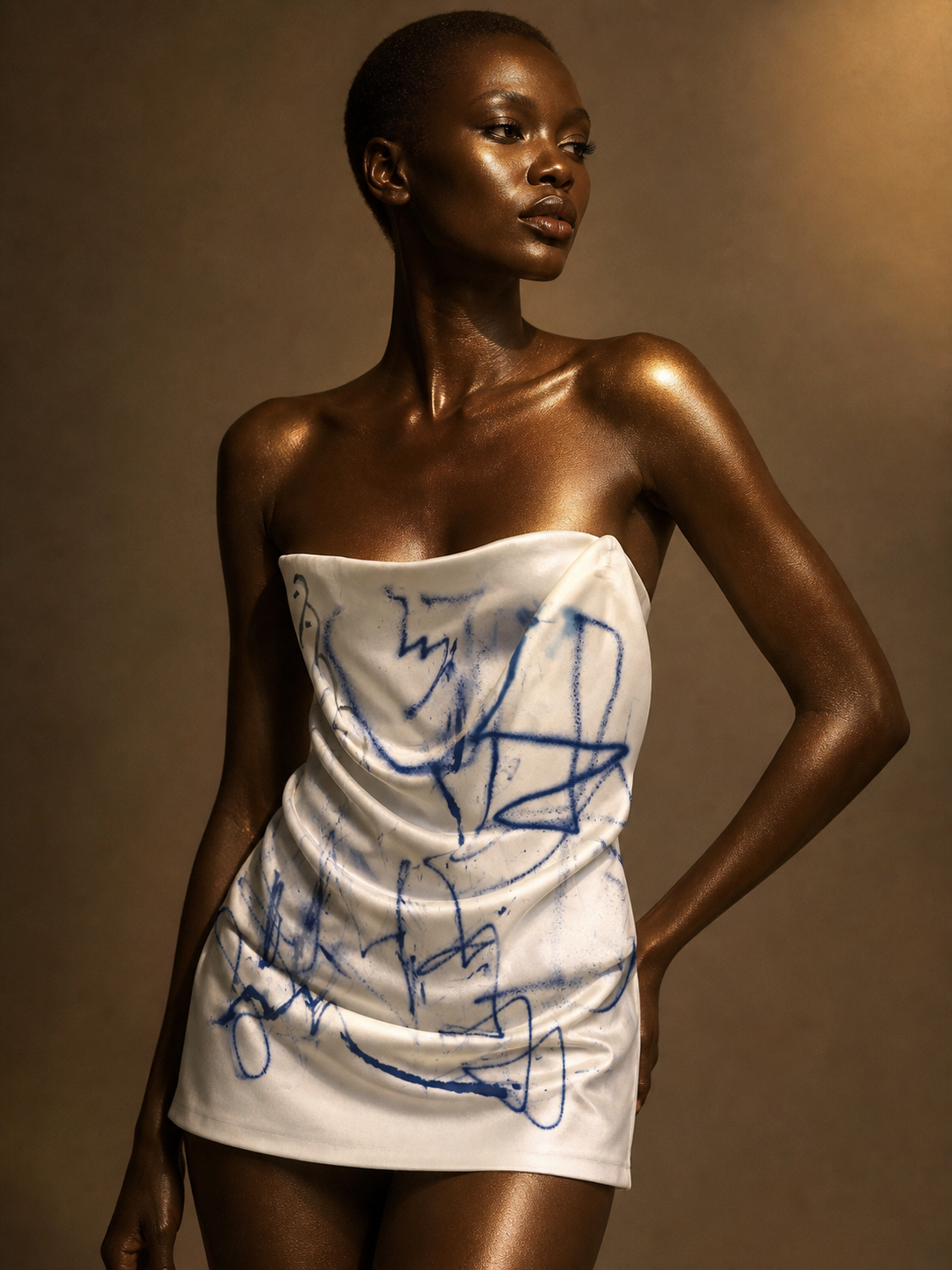 Strapless White Mini Dress with Blue Sketch Print