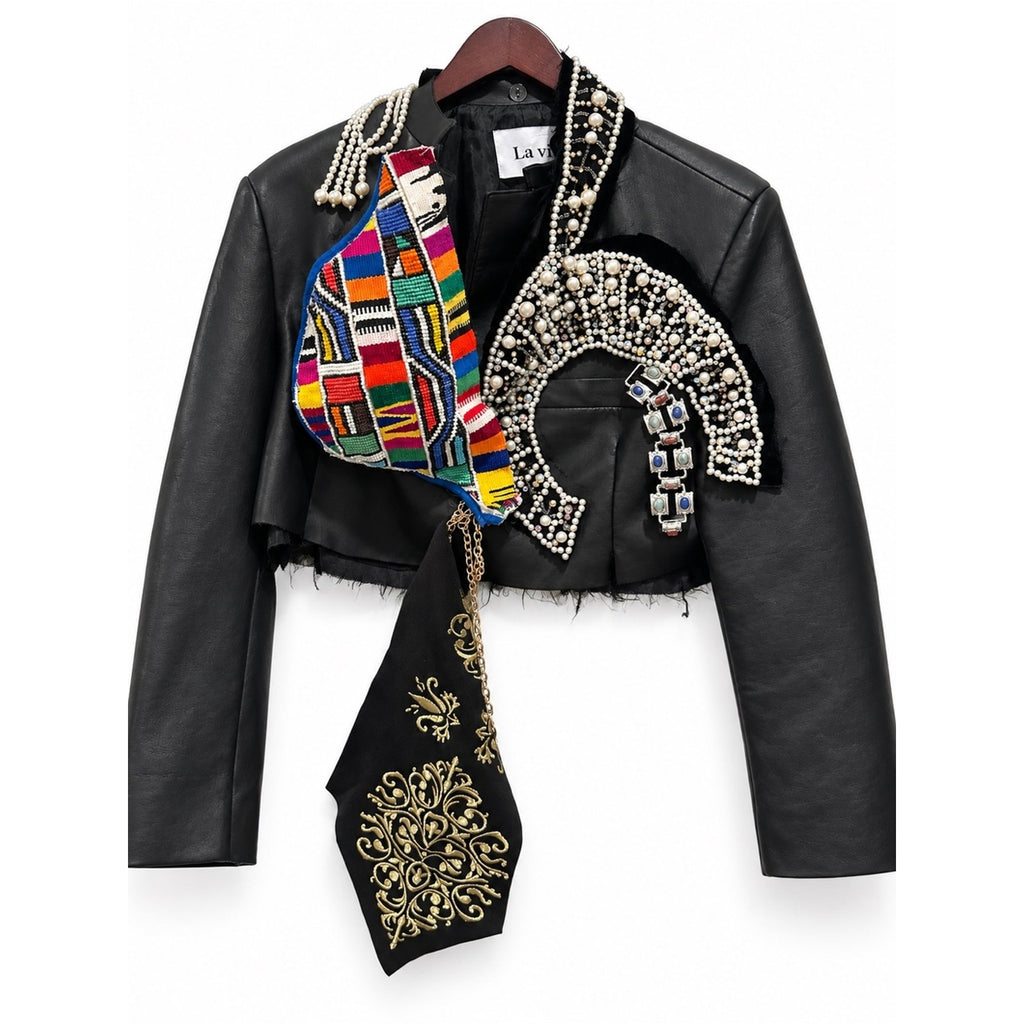Black Embellished Cropped Leather Jacket