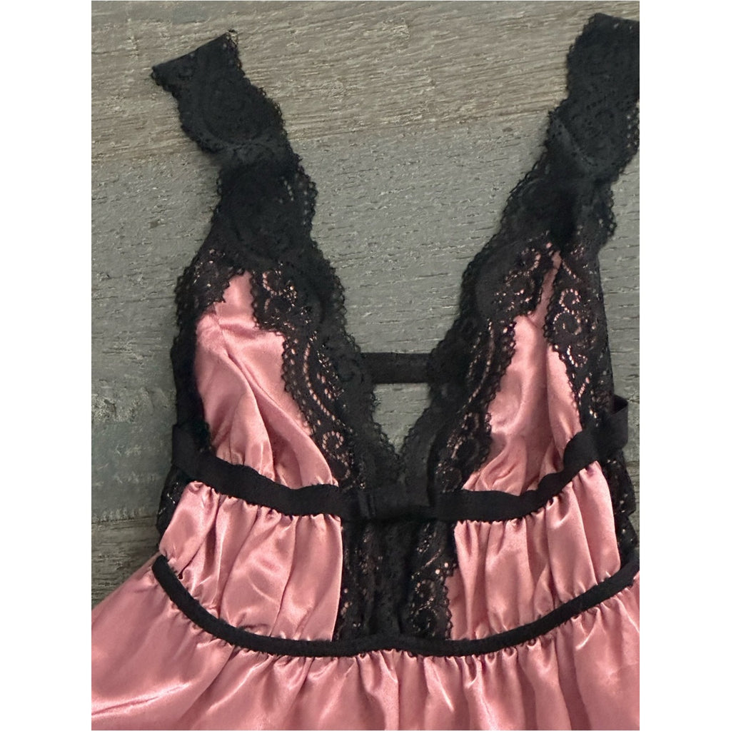 Vintage Satin Babydoll Chemise in Dusty Pink with Black Lace