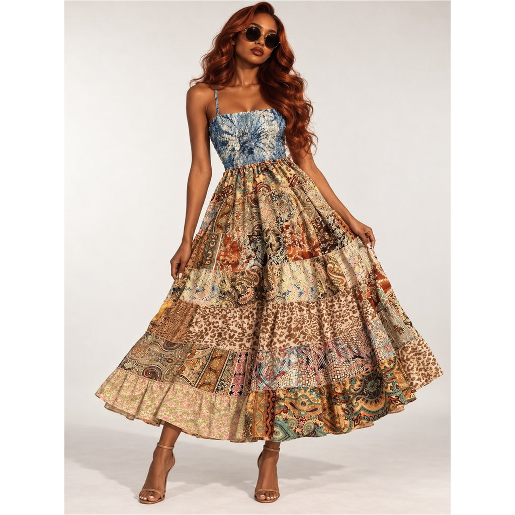POL Multicolor Boho Patchwork Maxi Dress with Blue Smocked Bodice