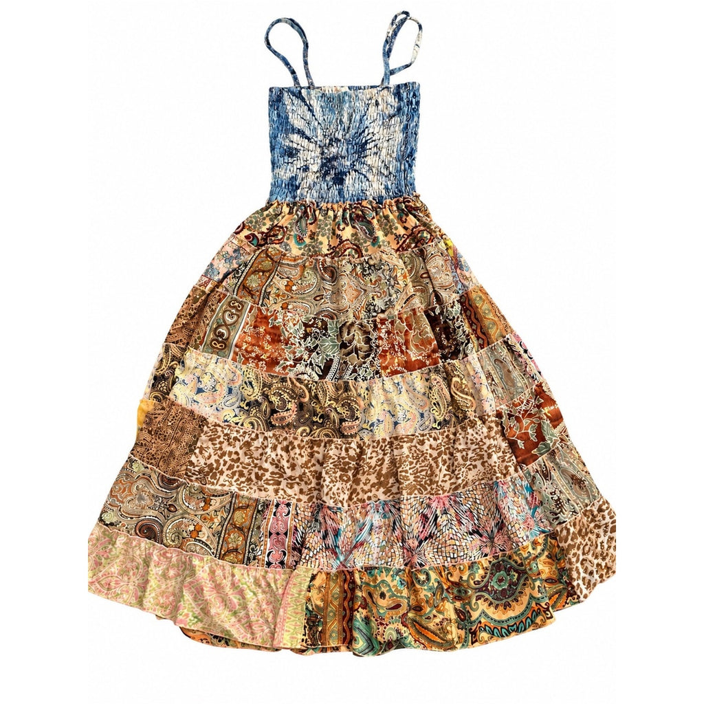 POL Multicolor Boho Patchwork Maxi Dress with Blue Smocked Bodice