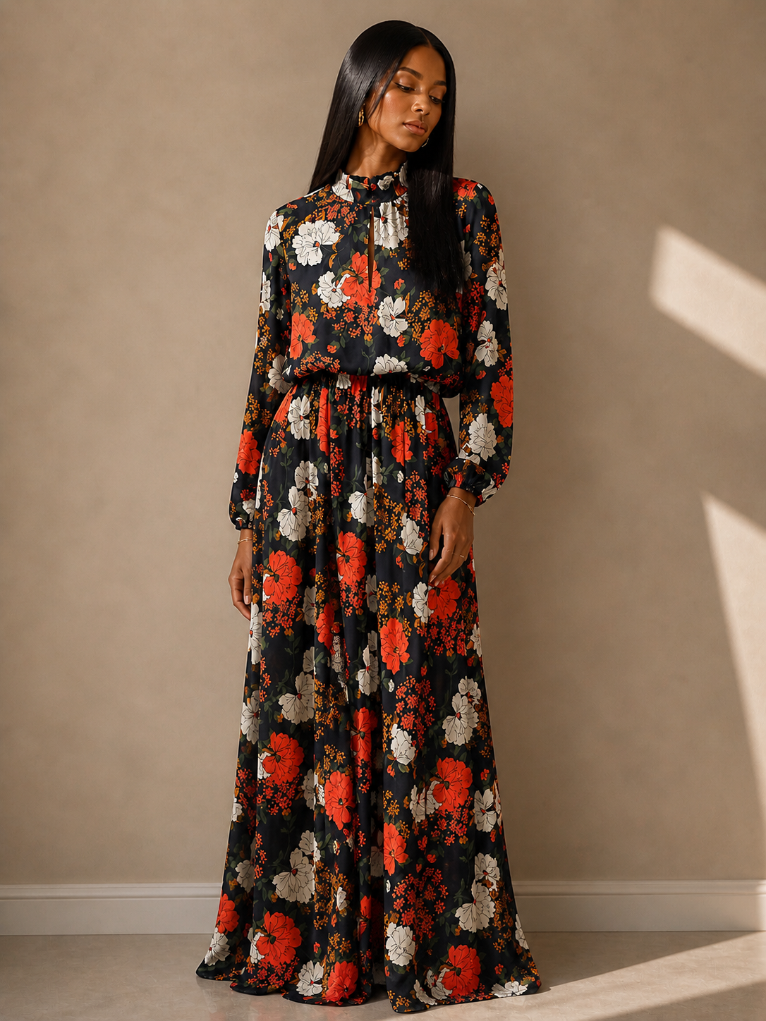 Black Floral Long-Sleeve Maxi Dress with Red & Cream Blooms