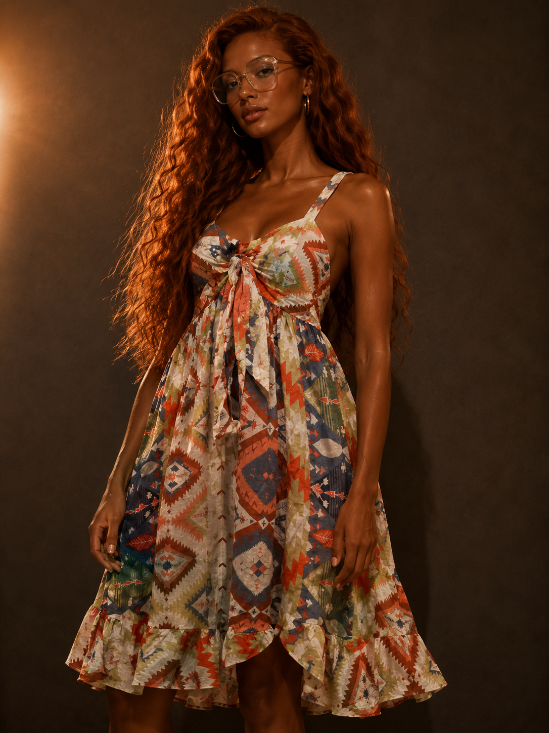 Boho Tie-Front Maxi Dress in Multi-Color Geo Print