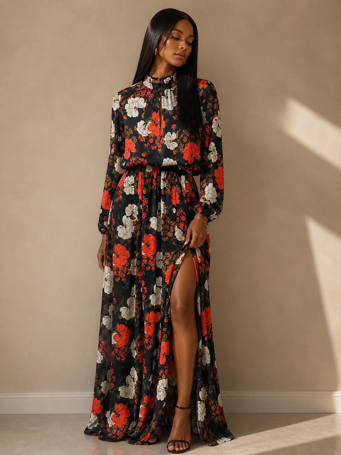 Black Floral Long-Sleeve Maxi Dress with Red & Cream Blooms