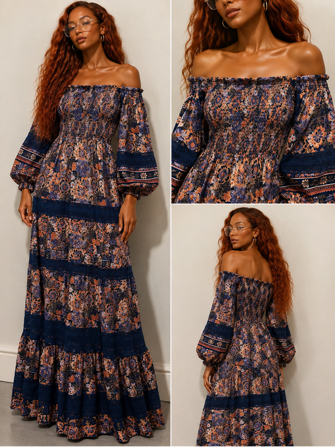 Angie Off-Shoulder Floral Maxi Dress in Navy and Rust