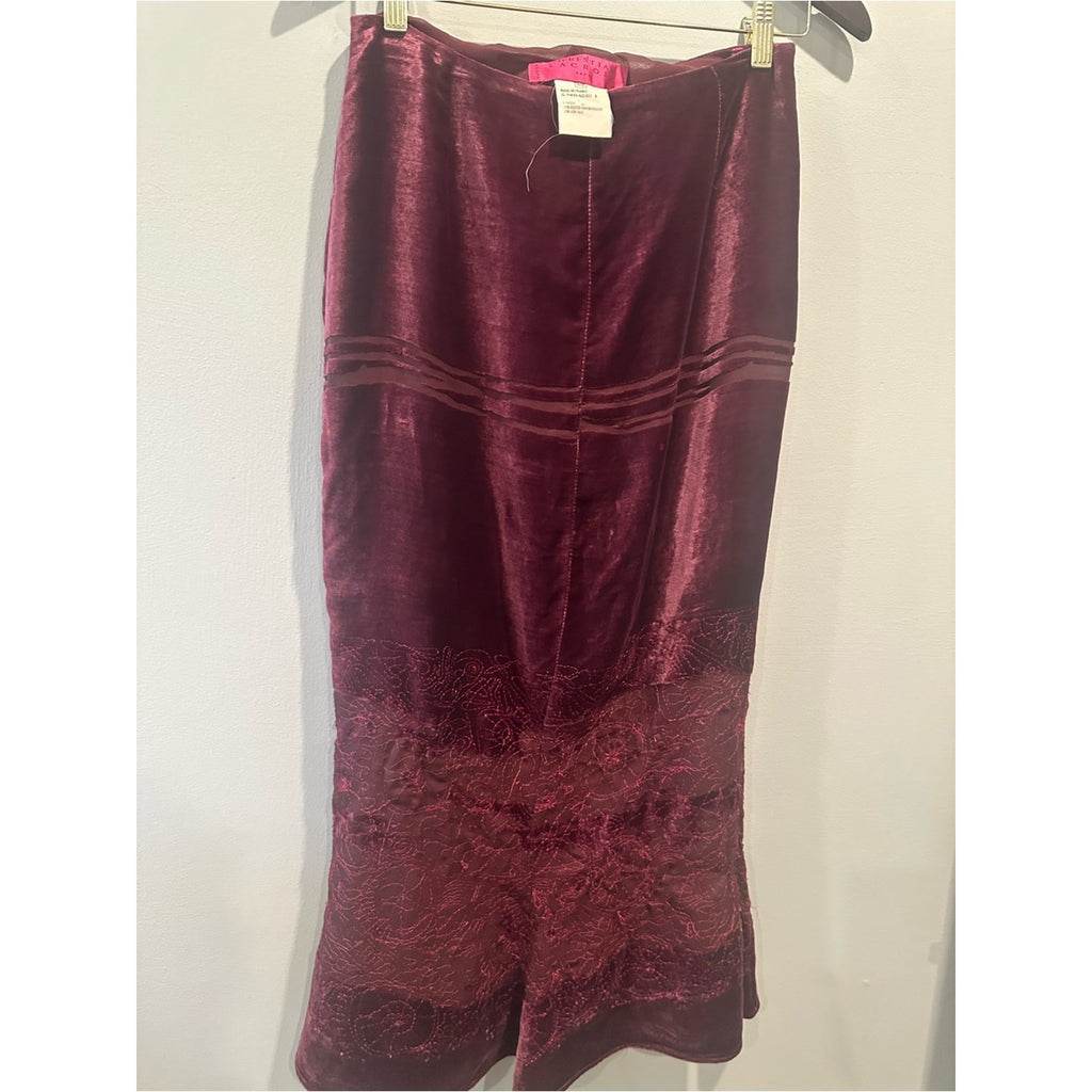 Christian Lacroix Burgundy Velvet Lace Mermaid Midi Skirt