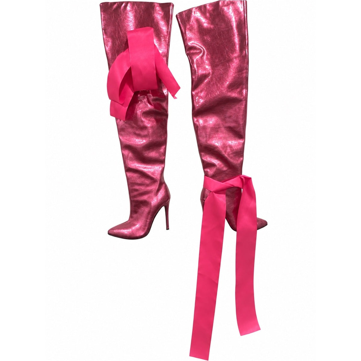 Metallic Fuchsia Over-the-Knee Stiletto Boots with Ribbon Accent