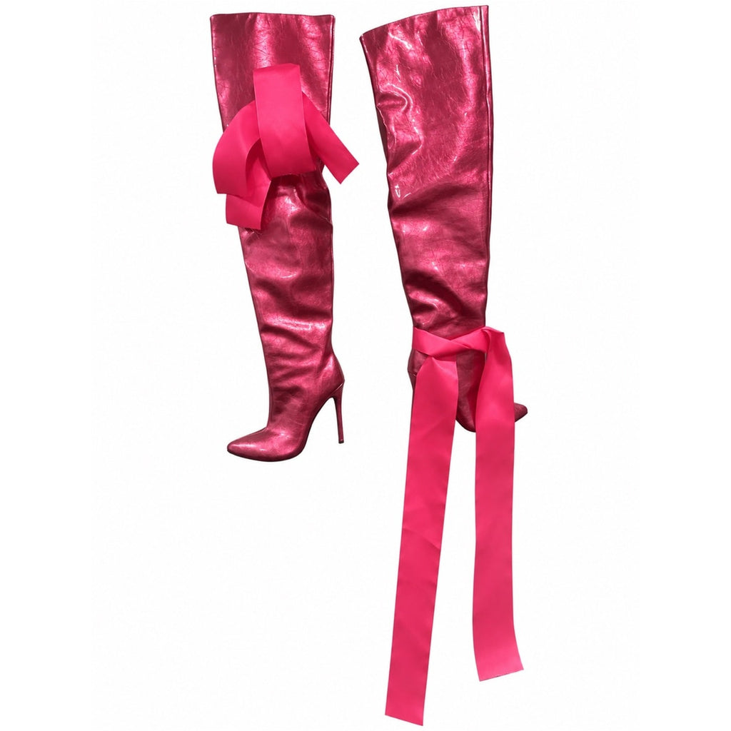 Metallic Fuchsia Over-the-Knee Stiletto Boots with Ribbon Accent