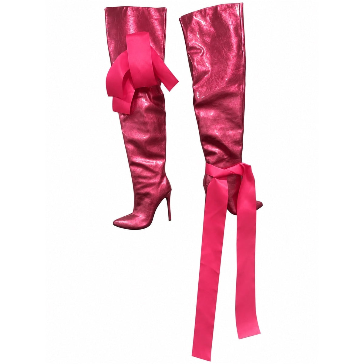 Metallic Fuchsia Over-the-Knee Stiletto Boots with Ribbon Accent