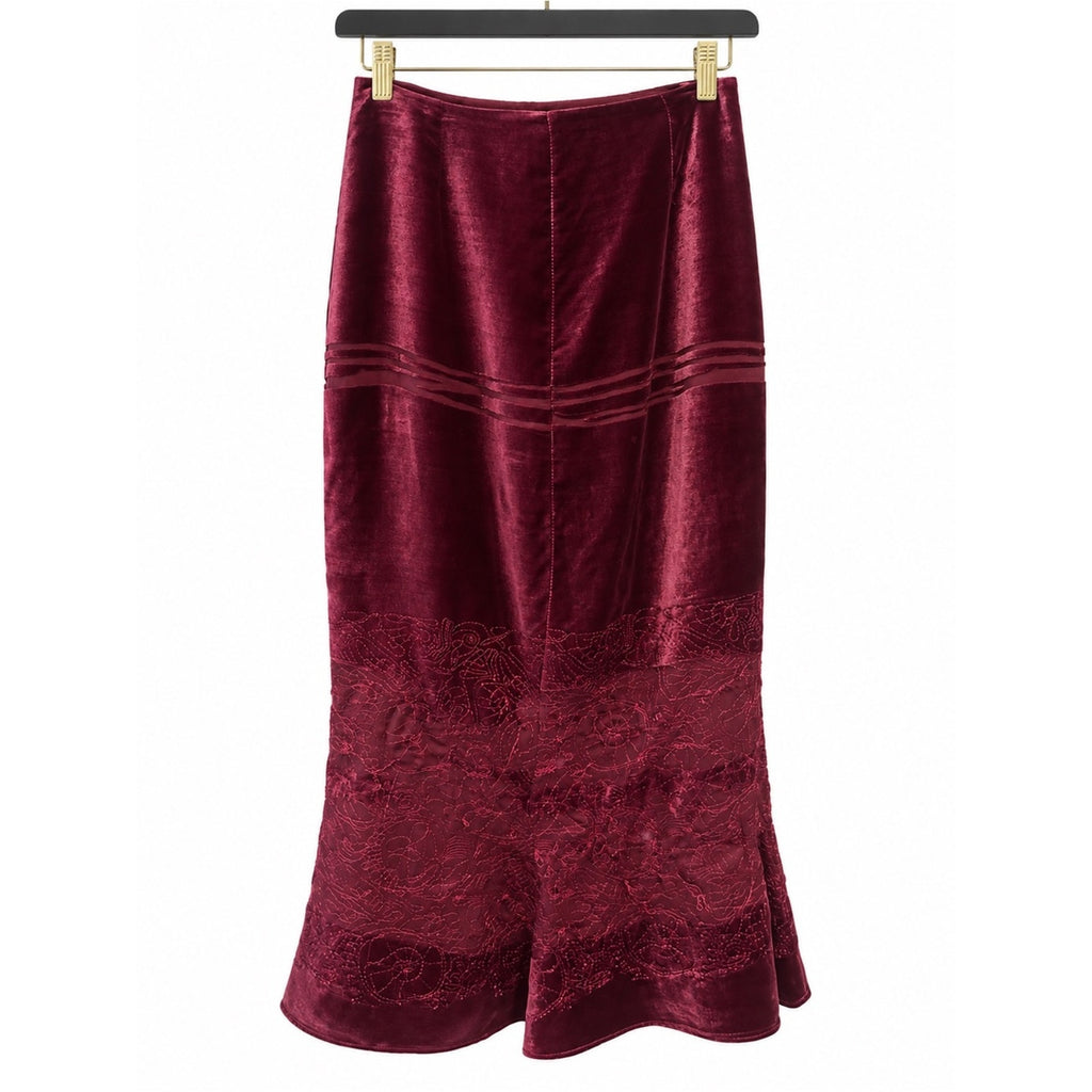 Christian Lacroix Burgundy Velvet Lace Mermaid Midi Skirt