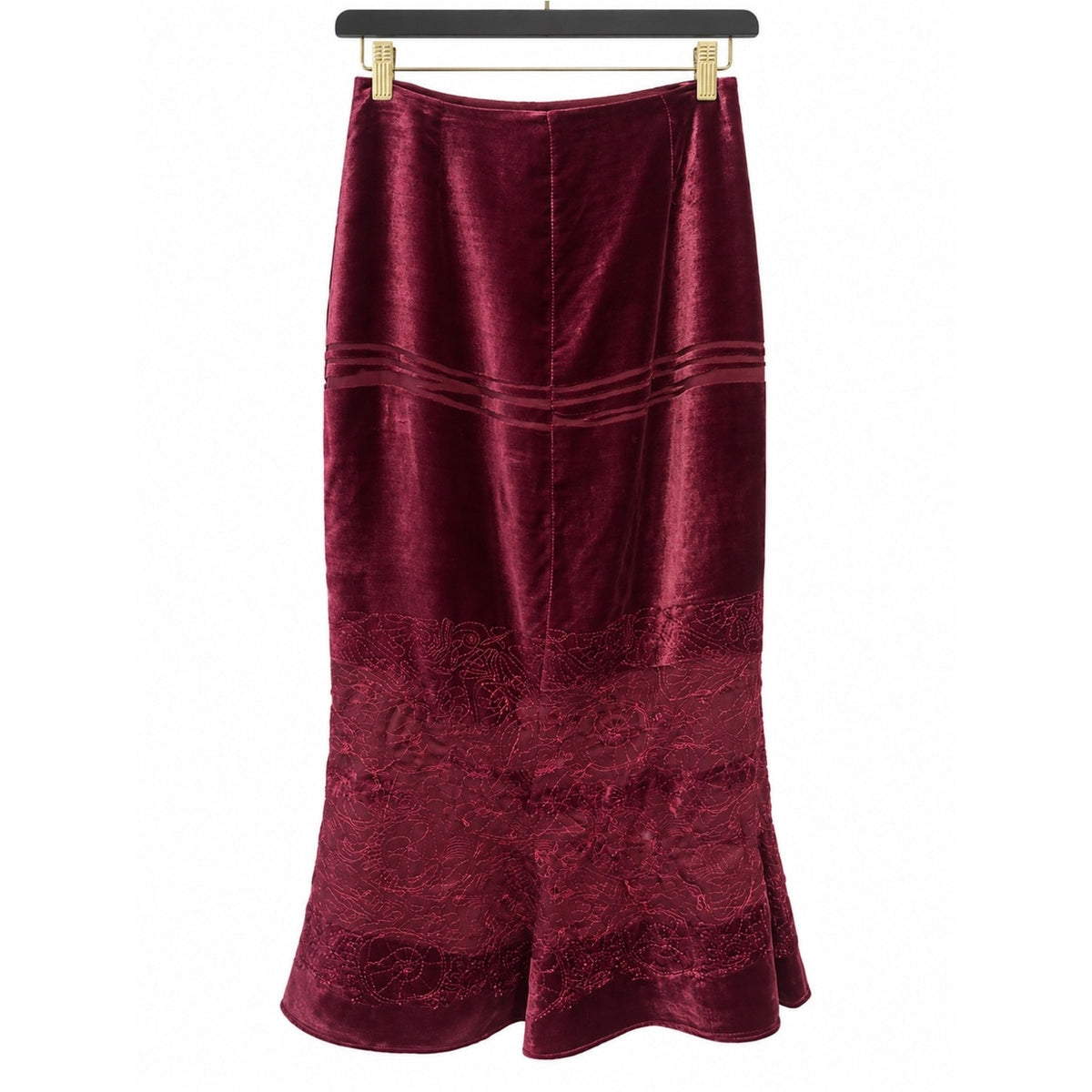 Christian Lacroix Burgundy Velvet Lace Mermaid Midi Skirt